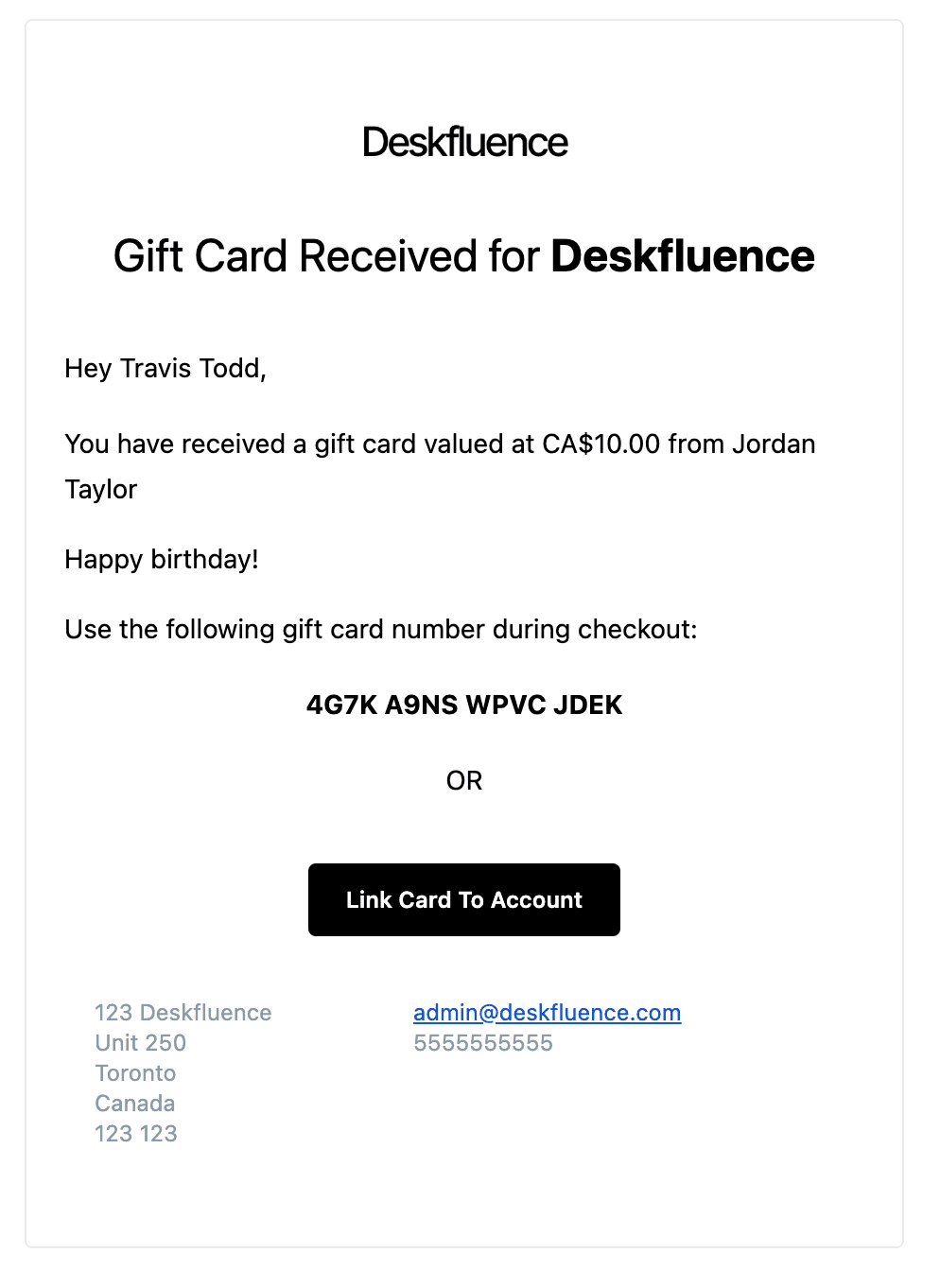 gift card email sample