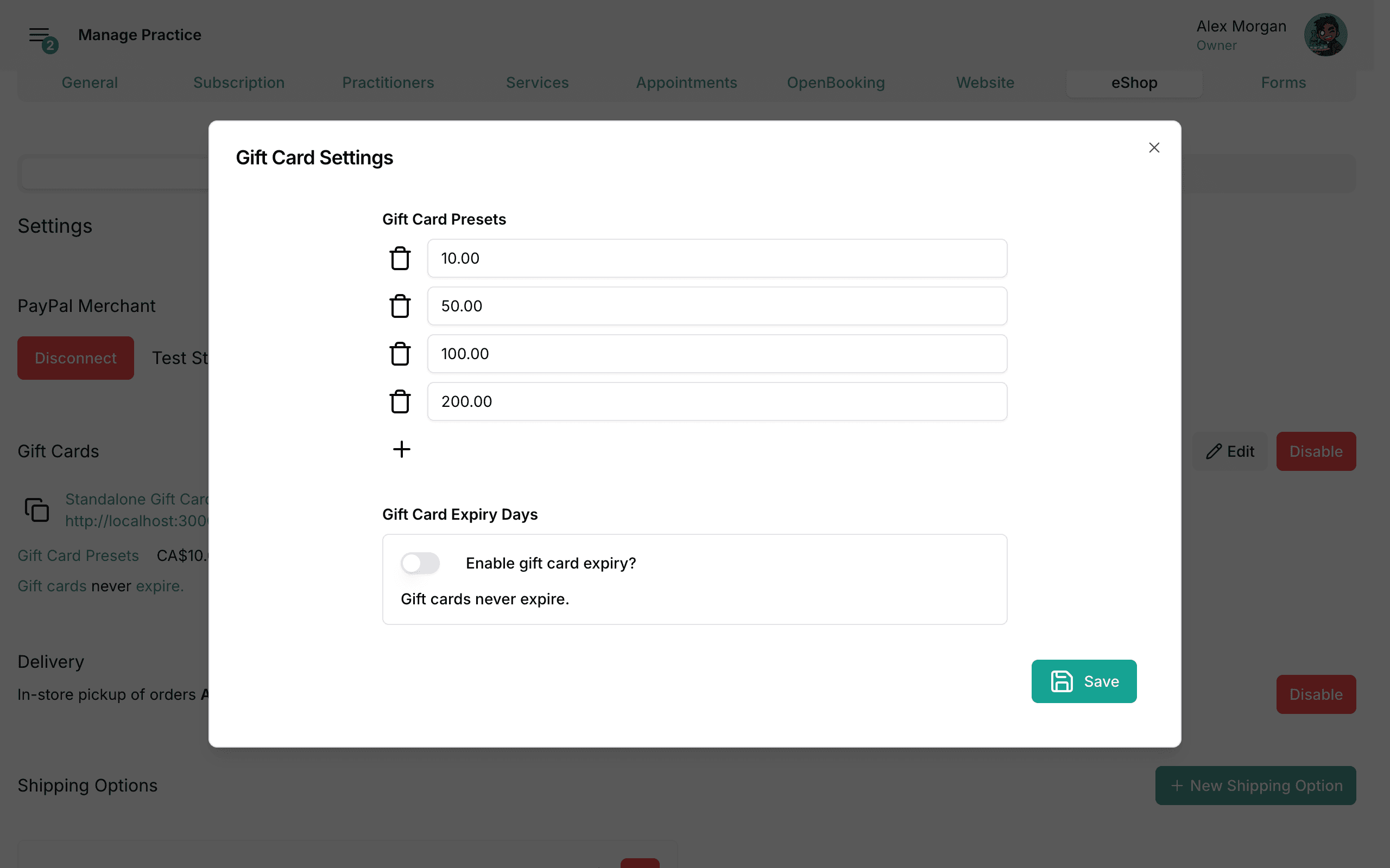 gift card settings